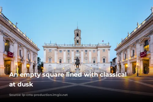 An empty square lined with classical buildings at dusk