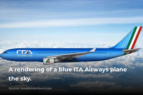 A rendering of a blue ITA Airways plane in the sky.