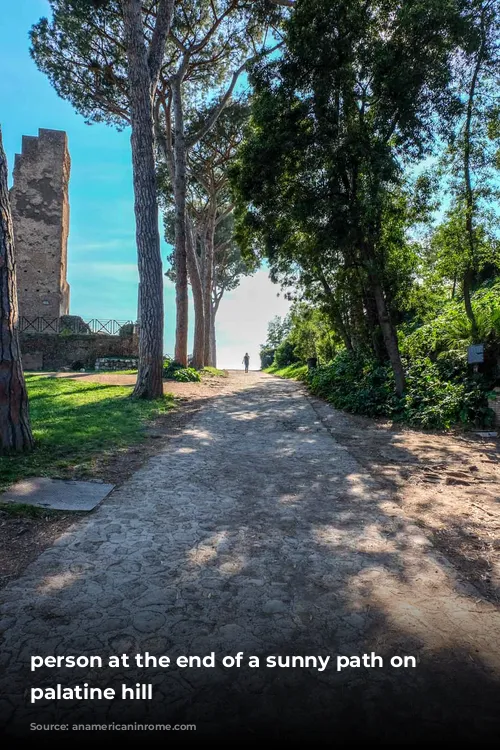 person at the end of a sunny path on the palatine hill