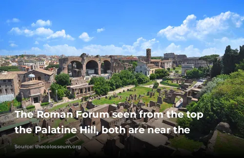 The Roman Forum seen from the top of the Palatine Hill, both are near the Colosseum