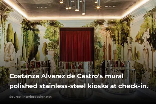 Costanza Alvarez de Castro’s mural backdrops pol­ished stainless-steel kiosks at check-in.