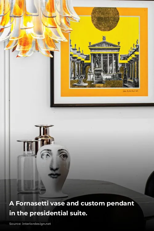 A Fornasetti vase and custom pendant fixture in the presidential suite. 