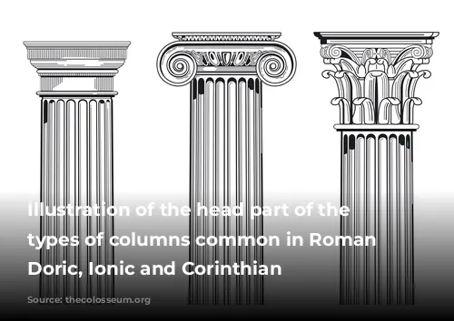 Illustration of the head part of the three types of columns common in Roman architecture: Doric, Ionic and Corinthian