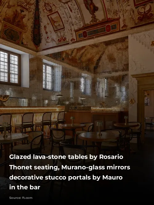 Glazed lava-stone tables by Rosario Parrinello, Thonet seating, Murano-glass mirrors and decorative stucco portals by Mauro Peverada in the bar