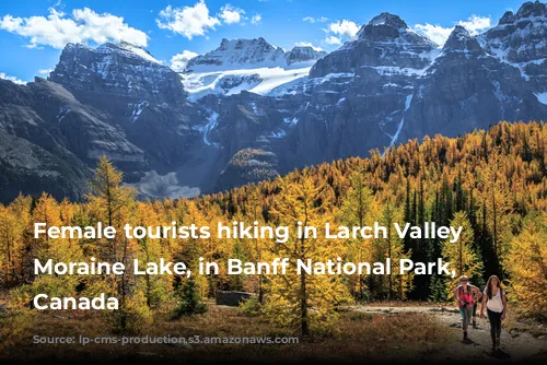 Female tourists hiking in Larch Valley near Moraine Lake, in Banff National Park, Alberta, Canada