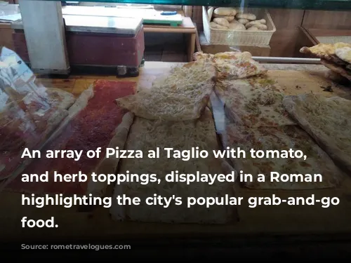 An array of Pizza al Taglio with tomato, cheese, and herb toppings, displayed in a Roman bakery, highlighting the city's popular grab-and-go street food.