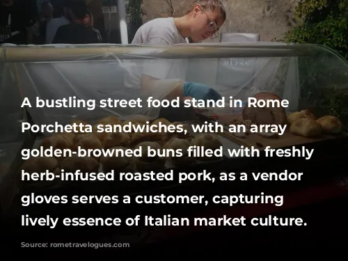 A bustling street food stand in Rome offering Porchetta sandwiches, with an array of golden-browned buns filled with freshly sliced, herb-infused roasted pork, as a vendor in gloves serves a customer, capturing the lively essence of Italian market culture.