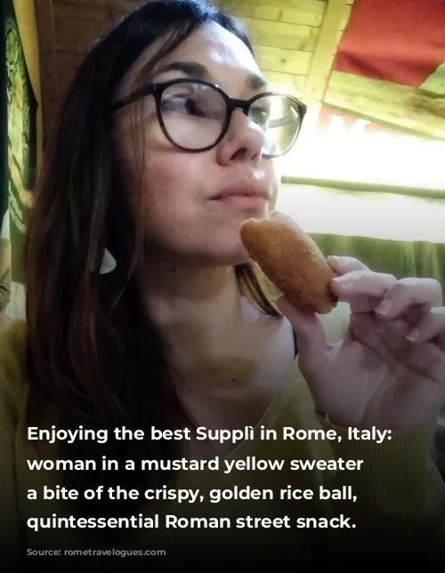 Enjoying the best Supplì in Rome, Italy: a woman in a mustard yellow sweater savors a bite of the crispy, golden rice ball, a quintessential Roman street snack.