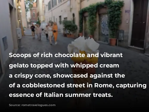 Scoops of rich chocolate and vibrant mango gelato topped with whipped cream in a crispy cone, showcased against the backdrop of a cobblestoned street in Rome, capturing the essence of Italian summer treats.