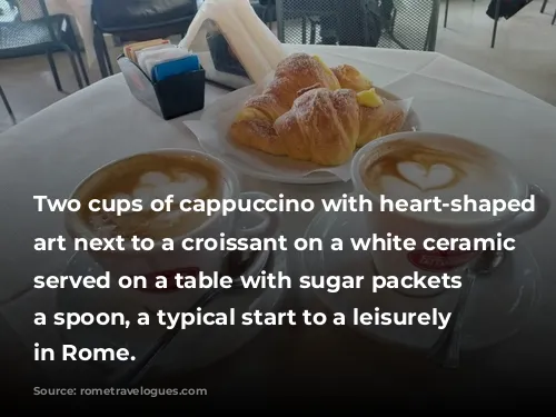 Two cups of cappuccino with heart-shaped foam art next to a croissant on a white ceramic plate, served on a table with sugar packets and a spoon, a typical start to a leisurely morning in Rome.