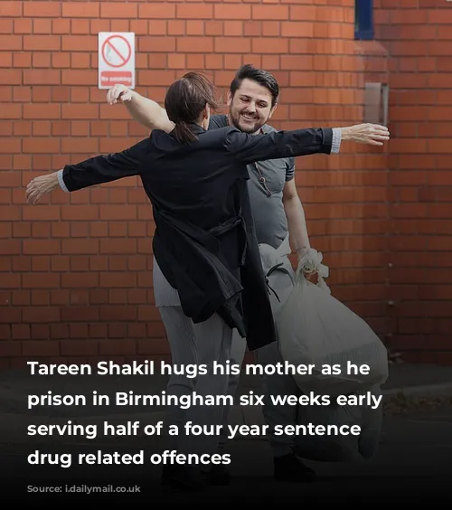 Tareen Shakil hugs his mother as he leaves prison in Birmingham six weeks early after serving half of a four year sentence for drug related offences