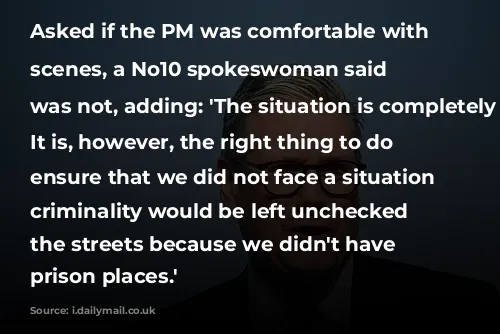 Asked if the PM was comfortable with the scenes, a No10 spokeswoman said he was not, adding: 'The situation is completely unacceptable. It is, however, the right thing to do to ensure that we did not face a situation where criminality would be left unchecked along the streets because we didn't have enough prison places.'