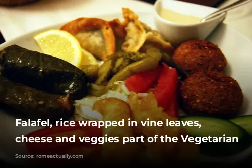 Falafel, rice wrapped in vine leaves, fried cheese and veggies part of the Vegetarian Mezzeh.