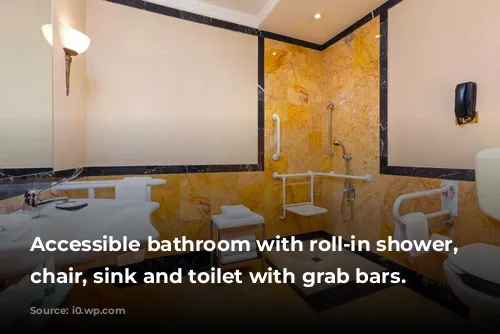 Accessible bathroom with roll-in shower, shower chair, sink and toilet with grab bars.