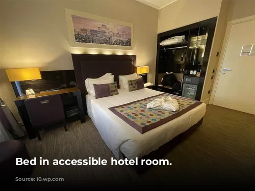 Bed in accessible hotel room.