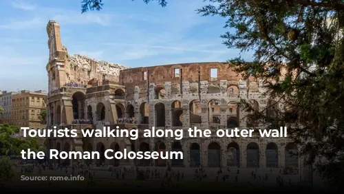 Tourists walking along the outer wall of the Roman Colosseum