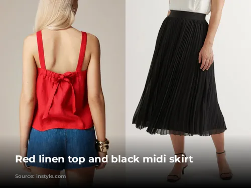 Red linen top and black midi skirt