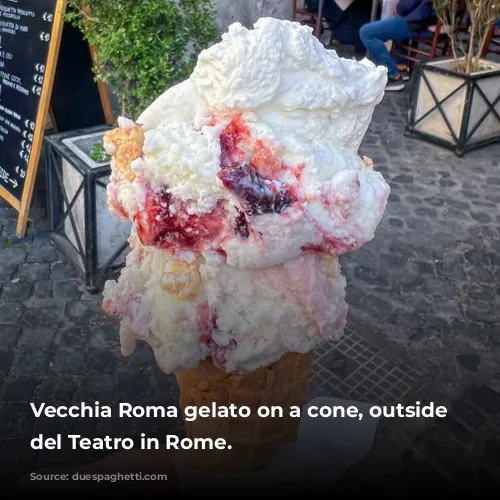 Vecchia Roma gelato on a cone, outside Gelateria del Teatro in Rome.