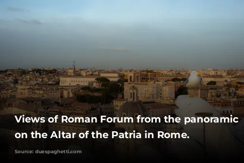 Views of Roman Forum from the panoramic terrace on the Altar of the Patria in Rome.