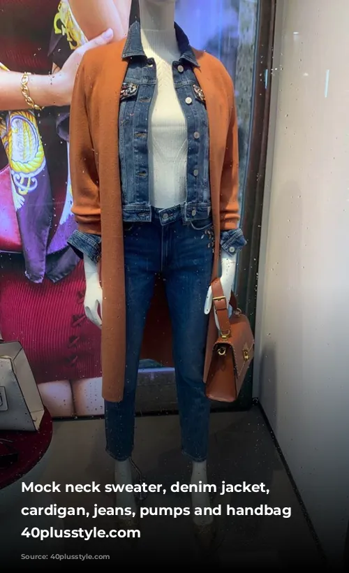 Mock neck sweater, denim jacket, long cardigan, jeans, pumps and handbag | 40plusstyle.com