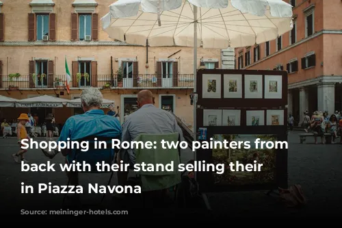 Shopping in Rome: two painters from the back with their stand selling their art in Piazza Navona 