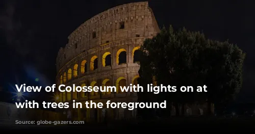 View of Colosseum with lights on at night, with trees in the foreground