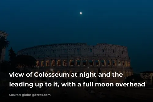 view of Colosseum at night and the road leading up to it, with a full moon overhead