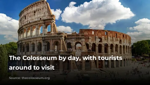 The Colosseum by day, with tourists gathering around to visit