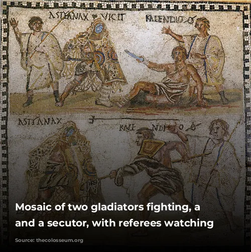 Mosaic of two gladiators fighting, a retiarius and a secutor, with referees watching