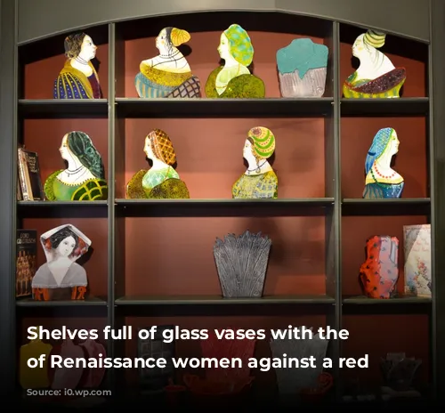 Shelves full of glass vases with the profiles of Renaissance women against a red background 