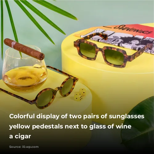 Colorful display of two pairs of sunglasses atop yellow pedestals next to glass of wine balancing a cigar